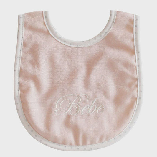 Alimrose Bebe Pink Bib with intricate embroidery, absorbent backing, and velcro closure.