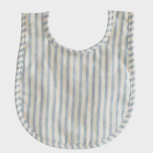 Alimrose Chambray Stripe Bib with chic stripe design, soft double gauze fabric, absorbent backing, and velcro closure.