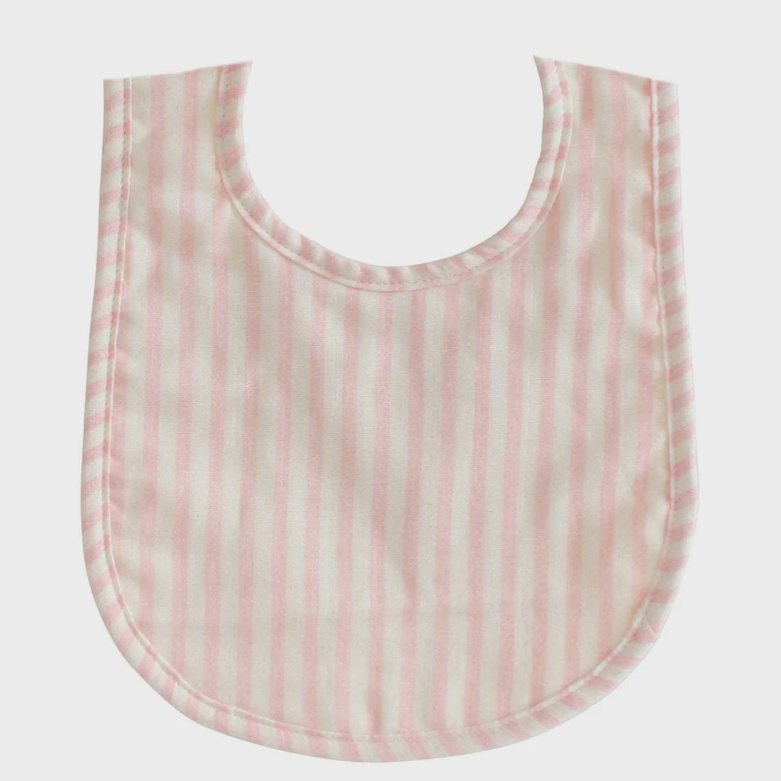 Alimrose Pink Stripe Bib featuring a chic stripe design, made from soft double gauze fabric with an absorbent backing and velcro closure.