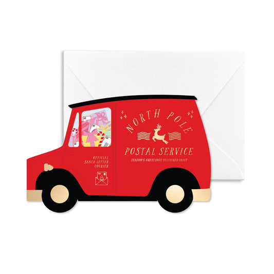 North Pole Postal Van Die Cut Christmas Greeting Card: Red/Gold