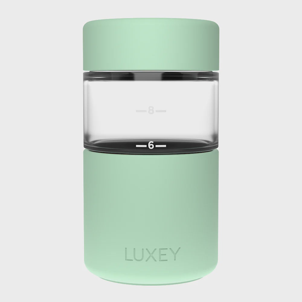 Luxey GELATO 12oz Reusable Coffee Cup with patented Reverse-Force™ lid, durable borosilicate glass, and non-slip silicone base.