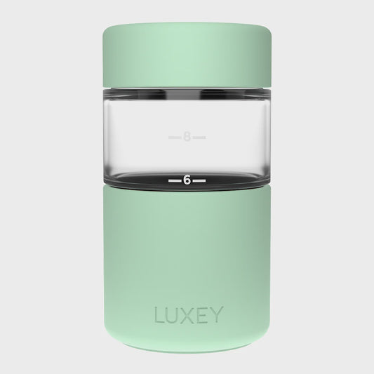 Luxey GELATO 12oz Reusable Coffee Cup with patented Reverse-Force™ lid, durable borosilicate glass, and non-slip silicone base.