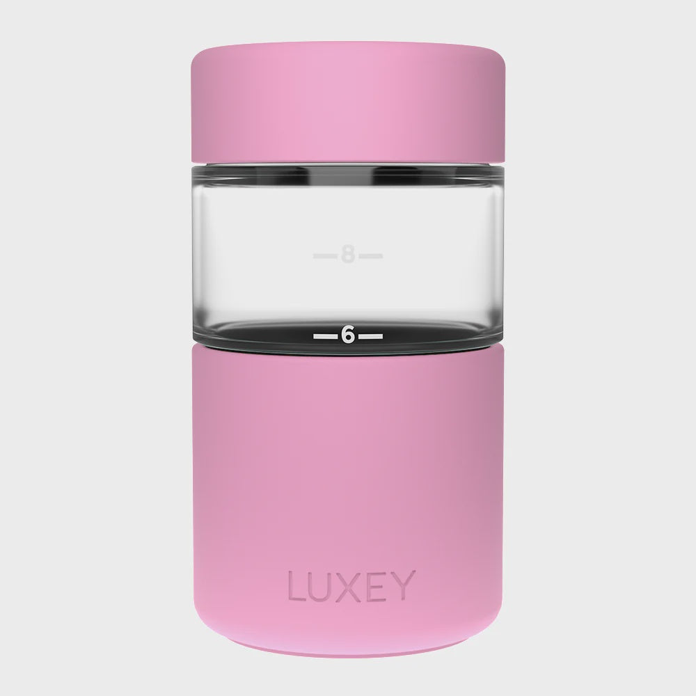 Luxey CHEEKY 12oz Reusable Coffee Cup with patented Reverse-Force™ lid and durable borosilicate glass.