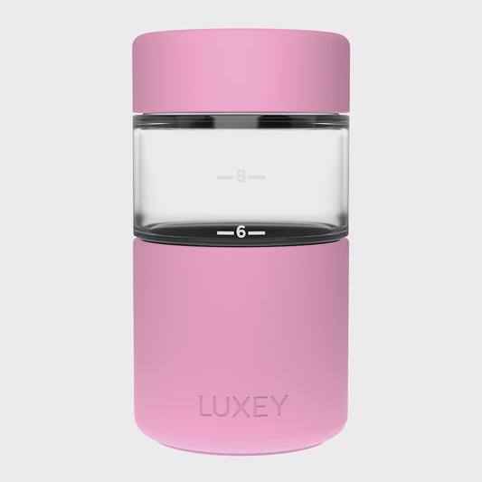 Luxey CHEEKY 12oz Reusable Coffee Cup with patented Reverse-Force™ lid and durable borosilicate glass.