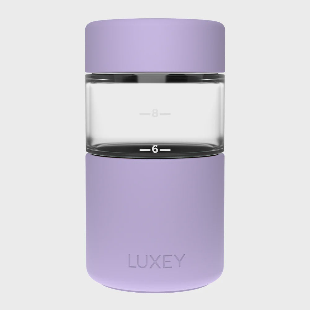 Luxey's SPARKLES OriginalLUX 12oz Reusable Coffee Cup with durable borosilicate glass, non-slip silicone base, and zero-leak guarantee.