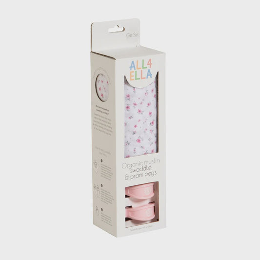 Pink Petals - Organic Muslin Swaddle & 2 Pram Pegs Gift Set