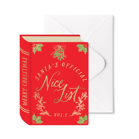 Santa's Nice List Book Die Cut Christmas Greeting Card: Red/Gold