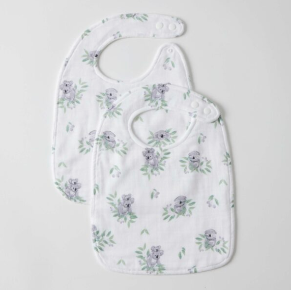 Muslin Bib Set of 2 - Koala Cuddles - 100% natural cotton muslin front, absorbent bamboo towelling back, stylish design, adjustable snaps, ideal for spills and dribbles.