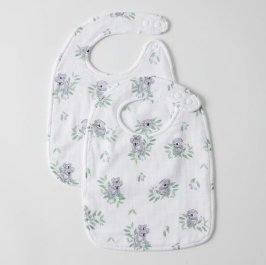 Muslin Bib Set of 2 - Koala Cuddles - 100% natural cotton muslin front, absorbent bamboo towelling back, stylish design, adjustable snaps, ideal for spills and dribbles.