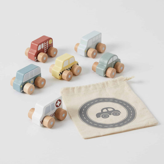 Transport Set of 6 wooden vehicles by Zookabee, including an ambulance, firetruck, cab, and more, in a drawstring calico bag for easy storage.