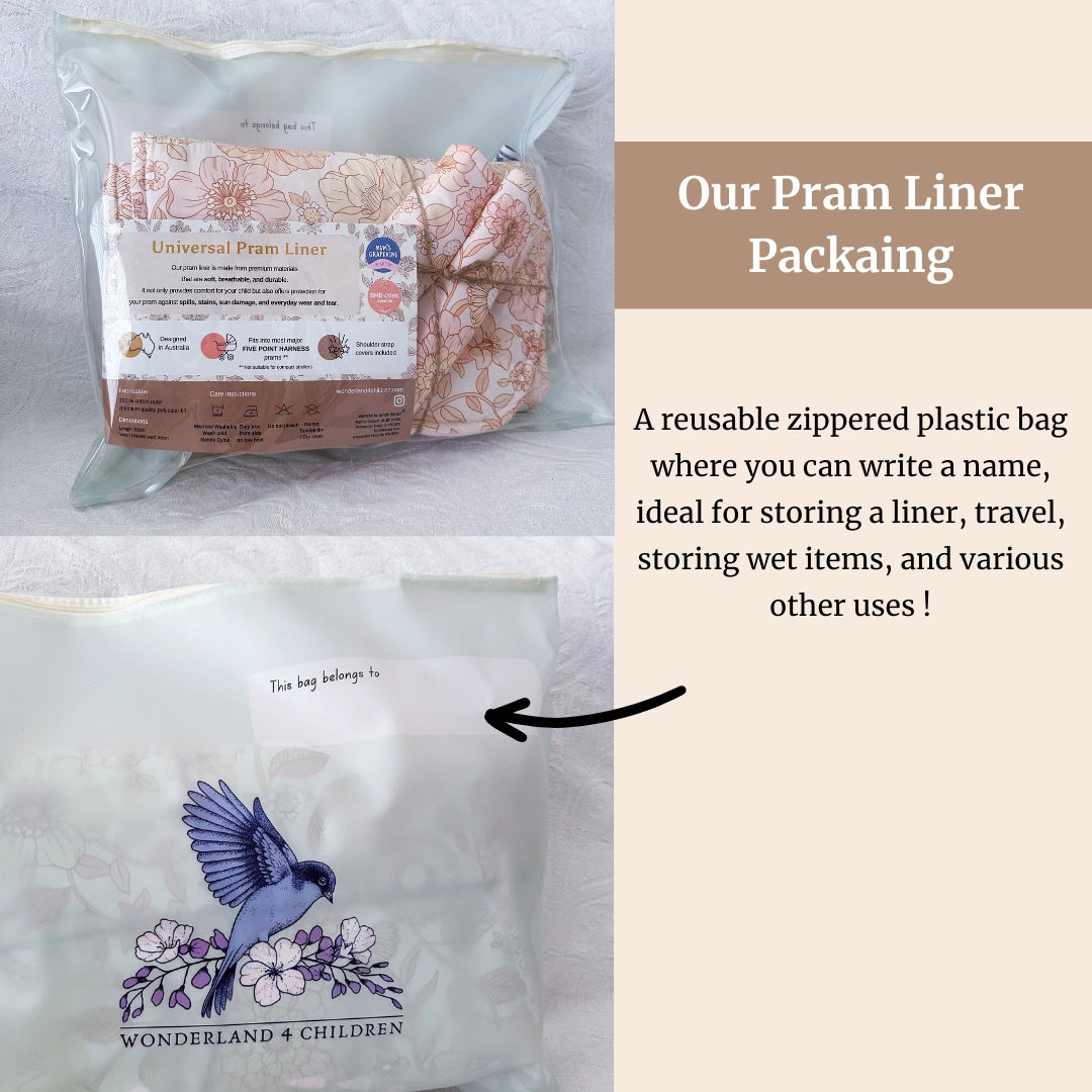 Reusable zippered plastic bag with a writable surface for labeling, perfect for storing pram liners, travel items, or wet items. The bag features a clear design for easy visibility.