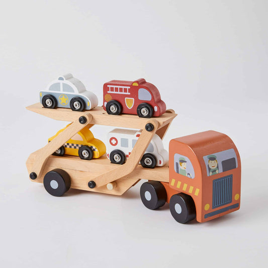 A wooden car carrier truck with a foldable ramp and four small public service vehicles, designed for safe and imaginative play for toddlers.