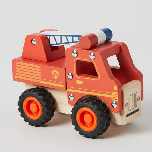 A red and natural wood fire truck toy with rubber wheels, crafted from teak, MDF, and pine wood, designed for children 18 months and older.