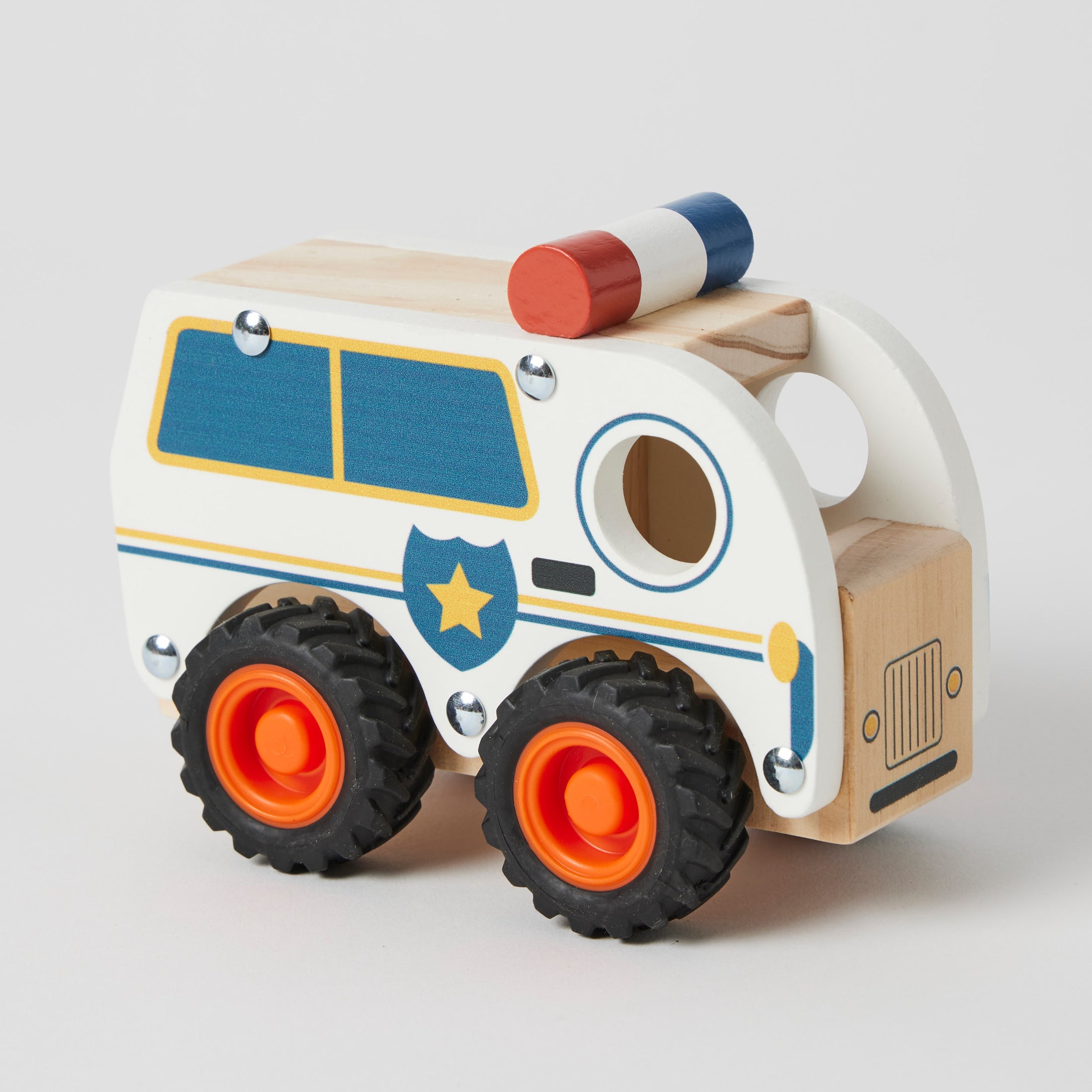 A wooden police car toy in white, red, and blue, featuring durable rubber wheels, designed for imaginative play for children 18 months and older.