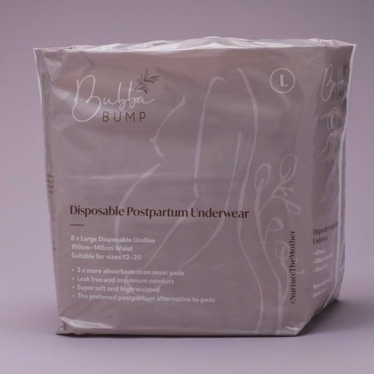 Bubba Bump Disposable Postpartum Underwear for sizes 12-20, leak-free, 3x more absorbent than maxi pads.