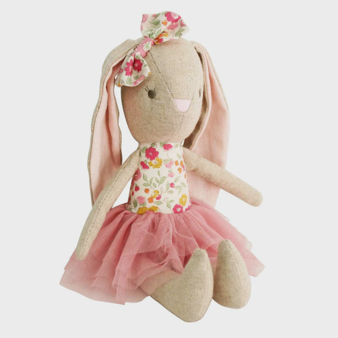 26cm Baby Pearl Bunny in Rose Garden design with a soft tutu skirt and embroidered face, made from linen and cotton. Suitable for toddlers 18 months+