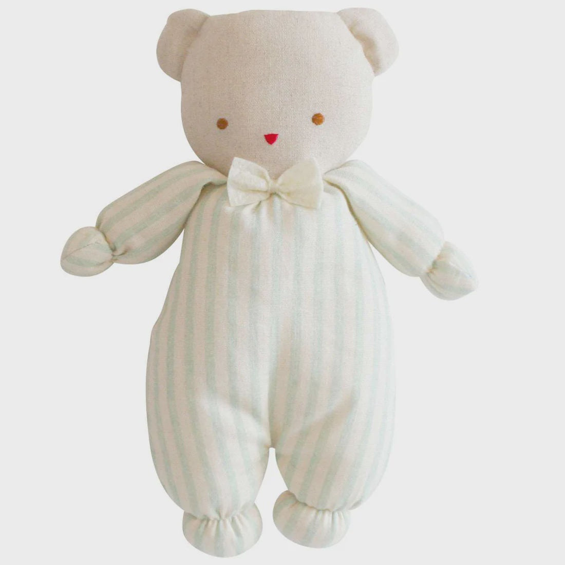 Soft and cuddly Baby Teddy in Sage Stripe with a cotton body, linen head, and embroidered face, suitable for babies from 3 months