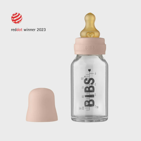 BIBS 110ml Glass Feeding Bottle Set in Blush Pink with Cap, Milk Lock,  Screwcap, Foldable funnel. 