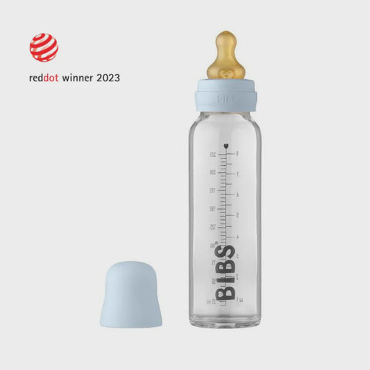 BIBS Glass Bottle Set 225ml with Cap, Slow Flow Nipple, Milk Lock, and Foldable Funnel