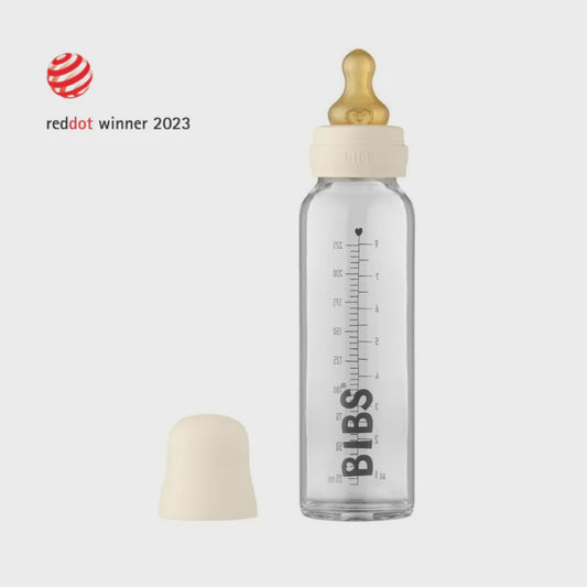 BIBS Glass Bottle Set 225ml with Cap, Slow Flow Nipple, Milk Lock, and Foldable Funnel