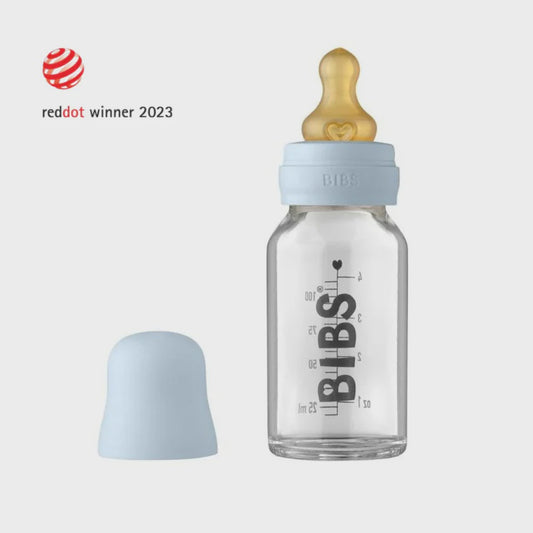 BIBS 110ml Glass Feeding Bottle Set in Baby Blue with accessories