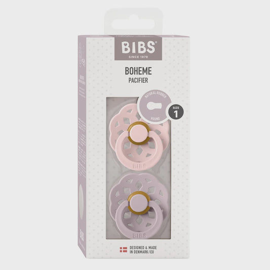 BIBS Boheme Pacifier S1 Blossom/Dusty Lilac - bohemian style, natural rubber latex, supports natural breastfeeding, food-grade shield, size 1 for 0+ months.