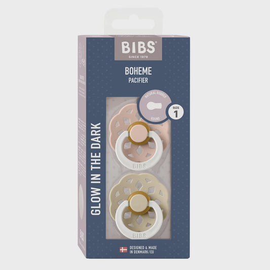 BIBS Boheme Pacifier in Blush/Vanilla with round natural rubber latex nipple and lightweight food-grade shield, designed for comfort and safety.