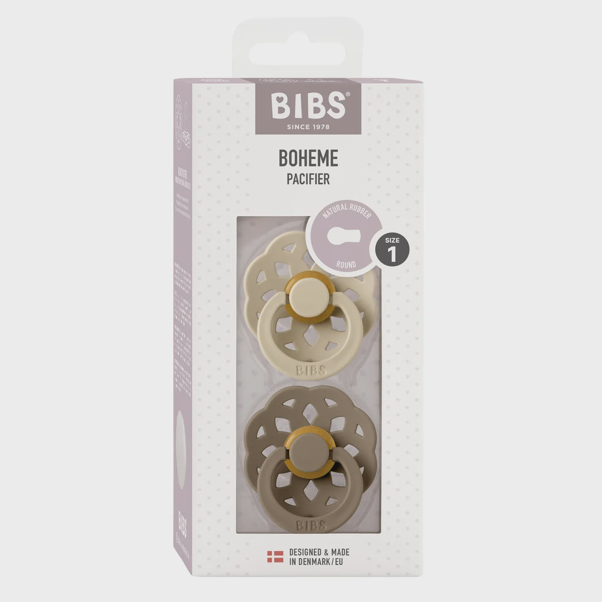 BIBS Boheme Pacifier S1 Vanilla/Dark Oak - bohemian style, natural rubber latex, supports natural breastfeeding, food-grade shield, size 1 for 0+ months.