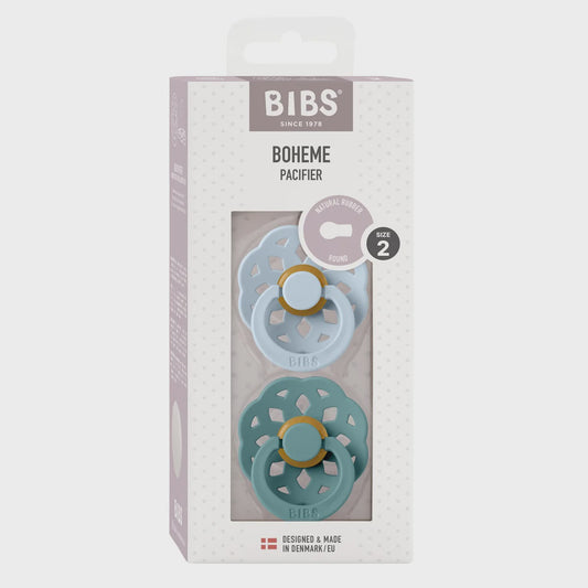 BIBS Boheme Pacifier S2 in Baby Blue and Island Sea with round natural rubber latex nipple and lightweight shield.