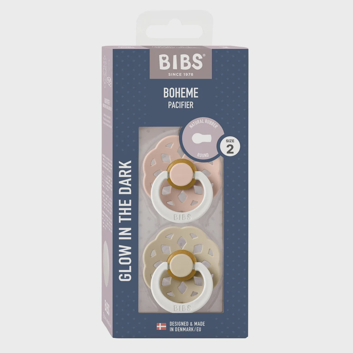 BIBS Glow Pacifier S2 Blush/Vanilla - bohemian design, natural rubber latex, supports natural breastfeeding, food-grade shield, size 2 for 6+ months.