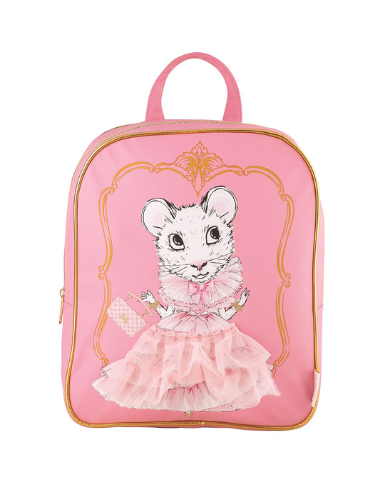 Claris pink backpack with frill detailing, showcasing gold piping and adjustable straps, ideal for a stylish school or travel accessory