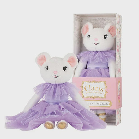 Claris the Mouse plush toy in a lilac tulle gown with gold shoes, presented in a stylish open shoe box.