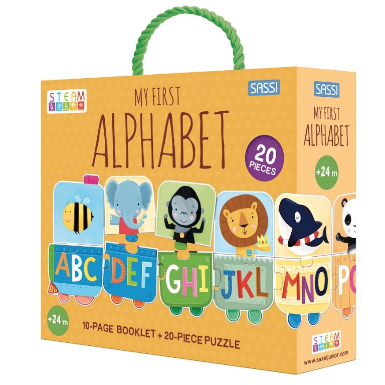 This vibrant yellow package contains a set of books forming a 1-meter train. Each wagon features letters and an animal, adding color and excitement to this engaging puzzle. Packing size: 20 cm X 19 cm.