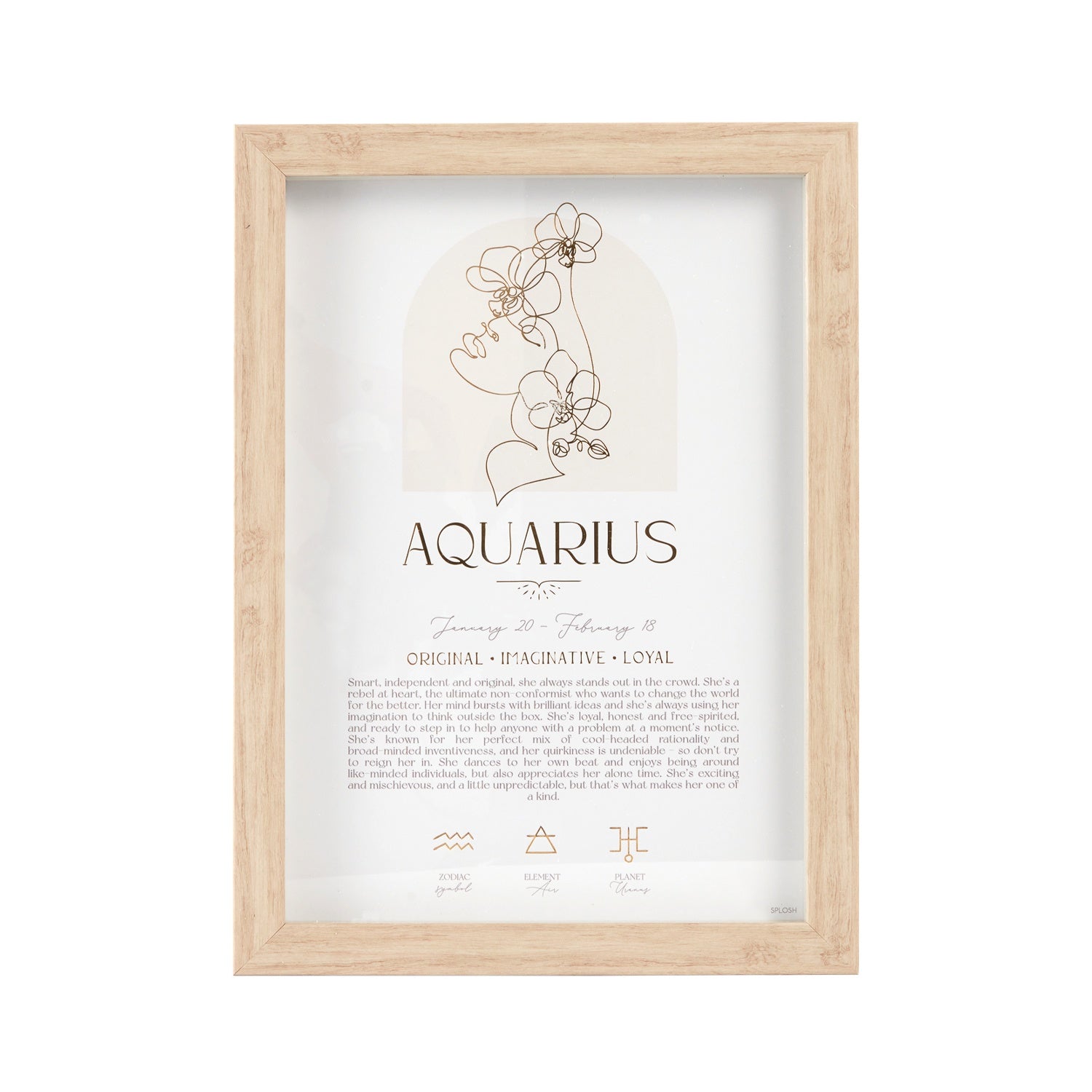 Mystique Framed Print - Aquarius with gold foil details, zodiac symbols, elements, and planets. Ideal for astrology lovers.