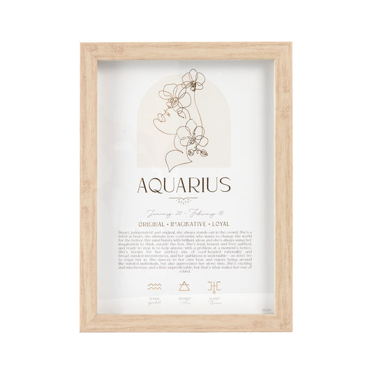 Mystique Framed Print - Aquarius with gold foil details, zodiac symbols, elements, and planets. Ideal for astrology lovers.