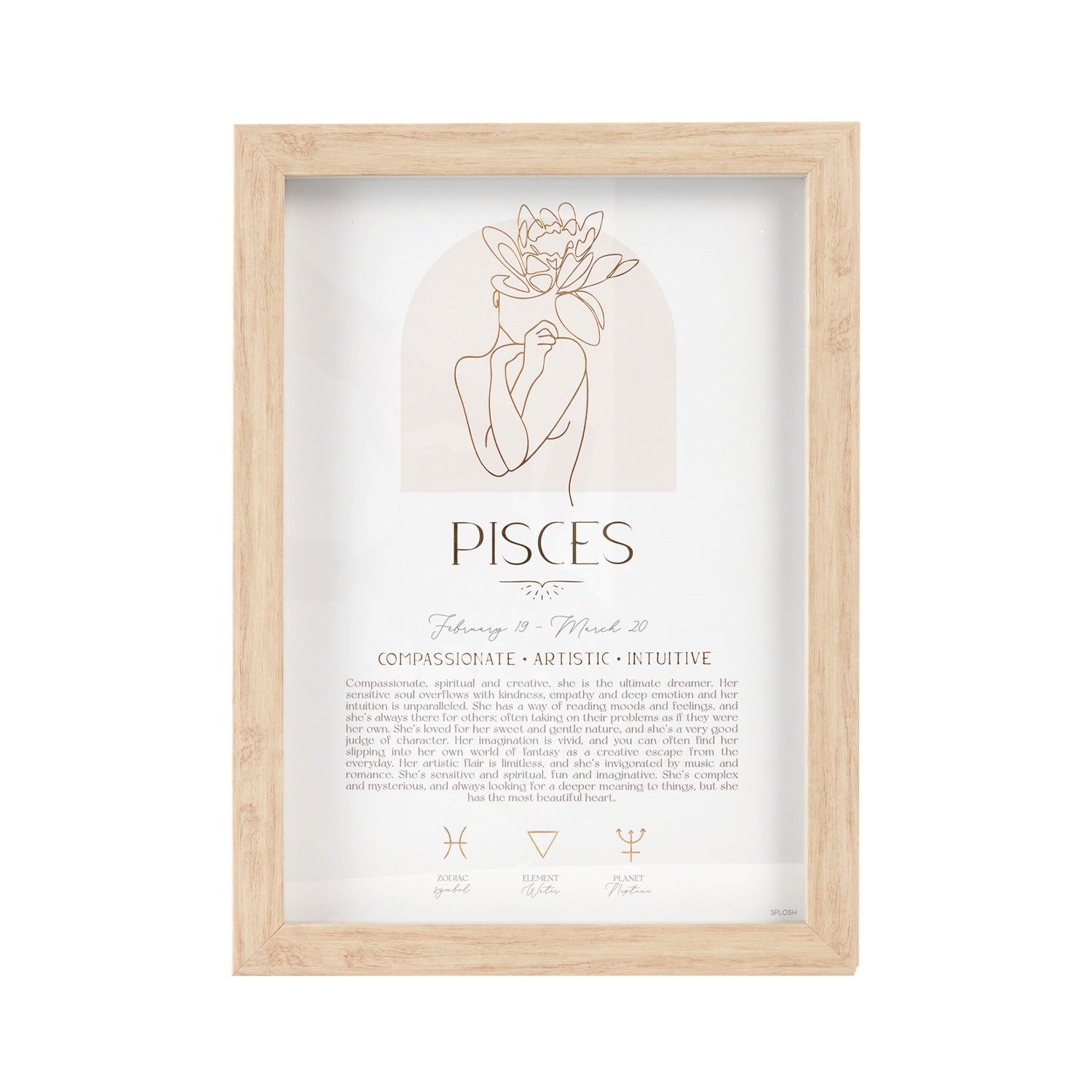 Mystique Framed Print - Pisces with luxe gold foil details, featuring zodiac symbols, elements, and planets. Includes stand and hooks for hanging. Size: 20x2x33cm.