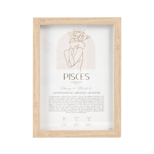 Mystique Framed Print - Pisces with luxe gold foil details, featuring zodiac symbols, elements, and planets. Includes stand and hooks for hanging. Size: 20x2x33cm.