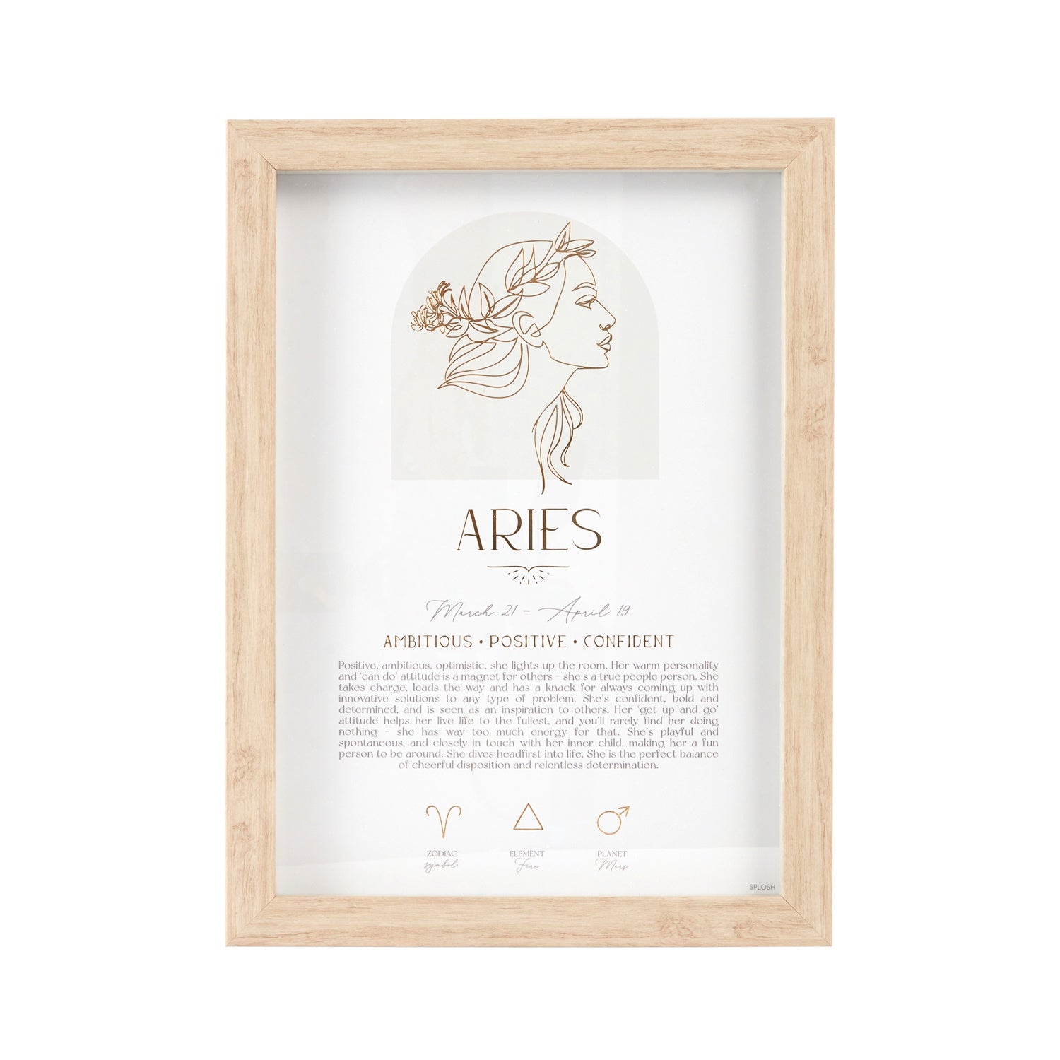 Mystique Framed Print - Aries with gold foil details, zodiac symbols, elements, and planets. Perfect for astrology lovers.