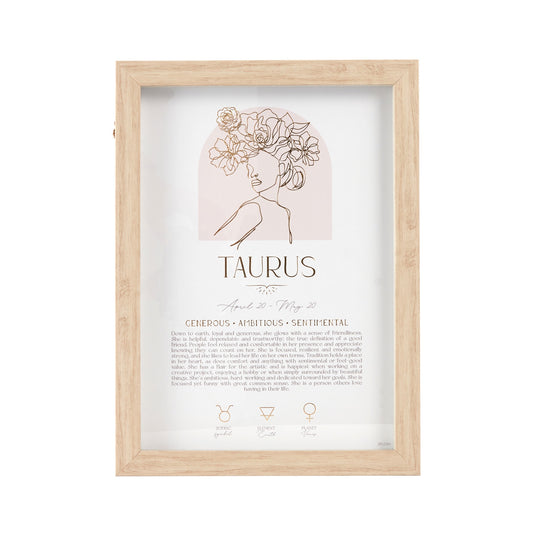 Mystique Framed Print - Taurus with luxe gold foil details, featuring zodiac symbols, elements, and planets. Includes stand and hooks for hanging. Size: 20x2x33cm.