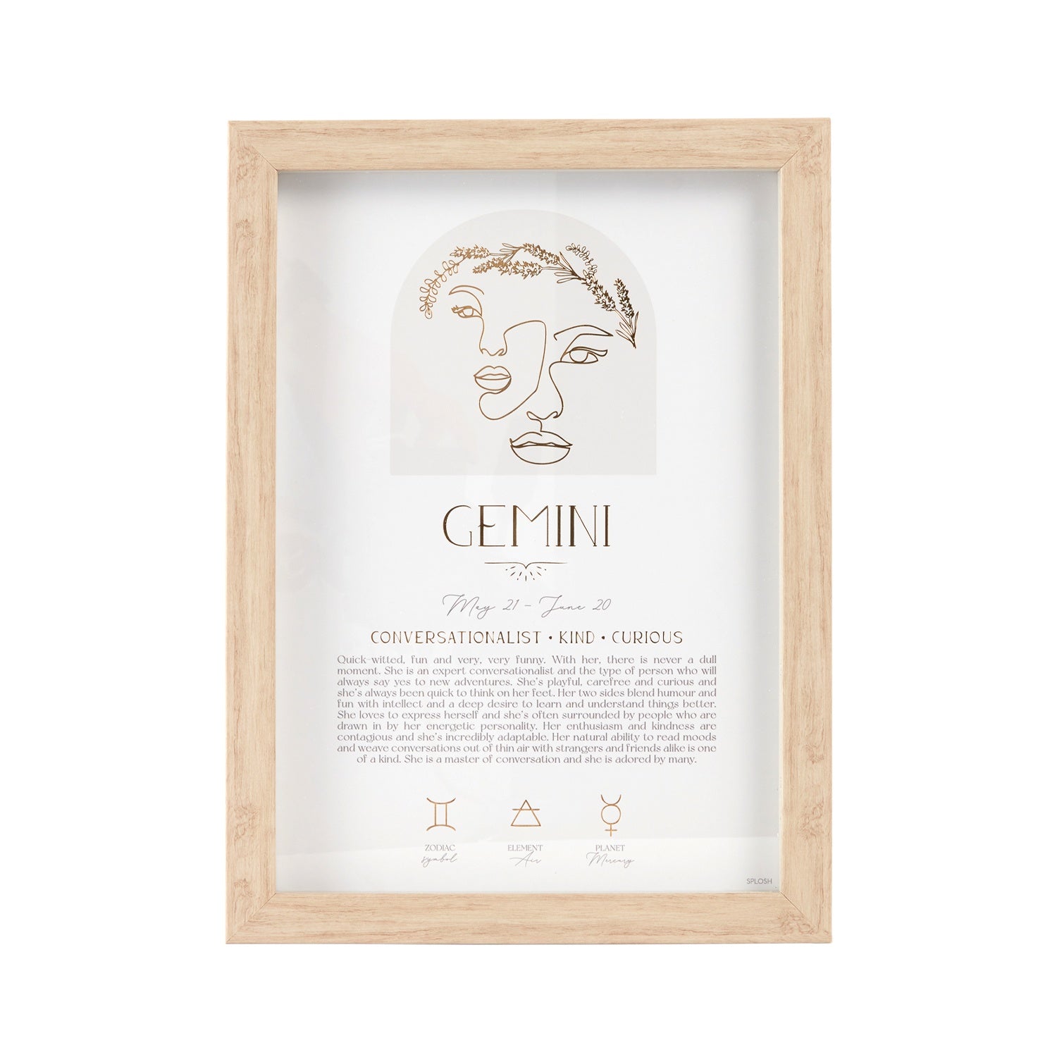 Mystique Framed Print - Gemini with luxe gold foil details, featuring zodiac symbols, elements, and planets. Includes stand and hooks for hanging. Size: 20x2x33cm.