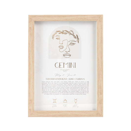 Mystique Framed Print - Gemini with luxe gold foil details, featuring zodiac symbols, elements, and planets. Includes stand and hooks for hanging. Size: 20x2x33cm.