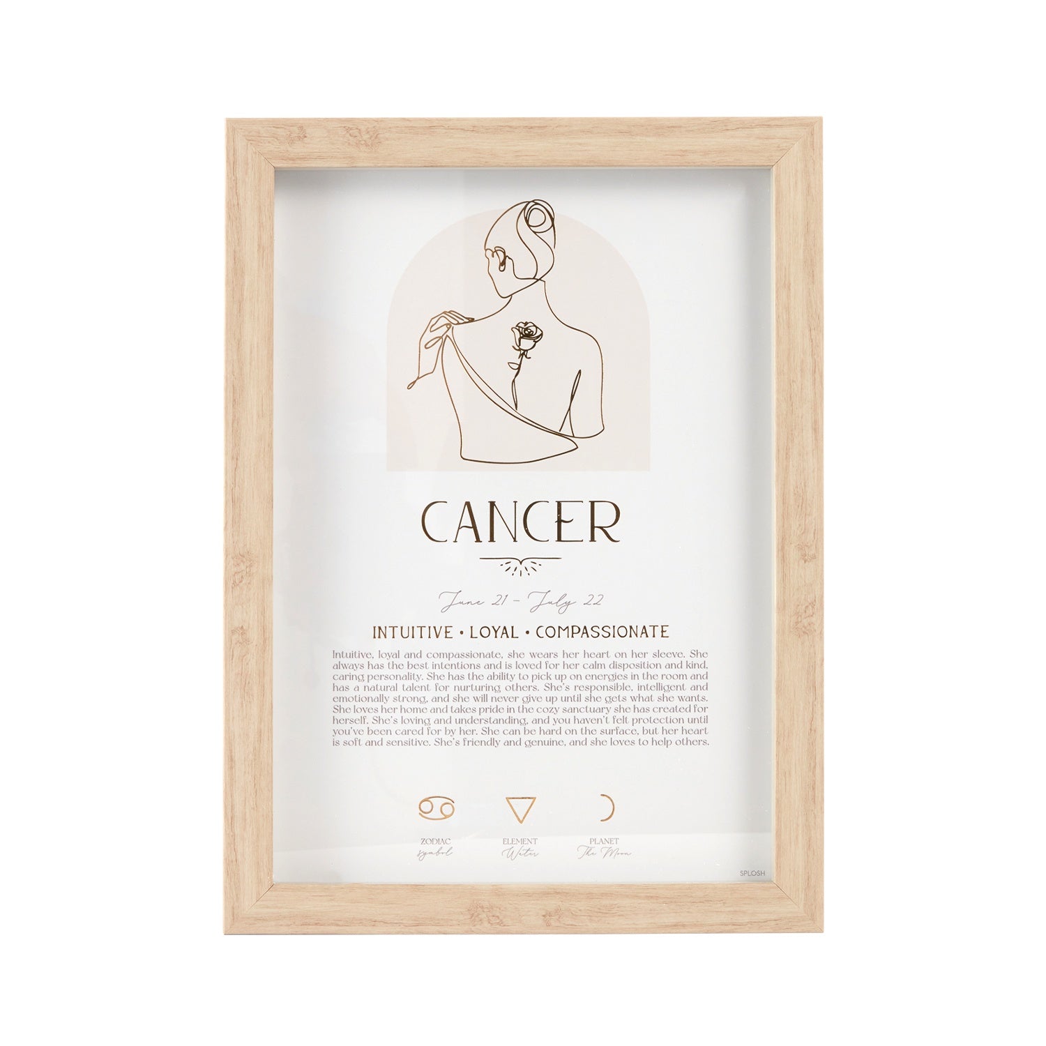 Mystique Framed Print - Cancer with luxe gold foil details, featuring zodiac symbols, elements, and planets. Includes stand and hooks for hanging. Size: 20x2x33cm.