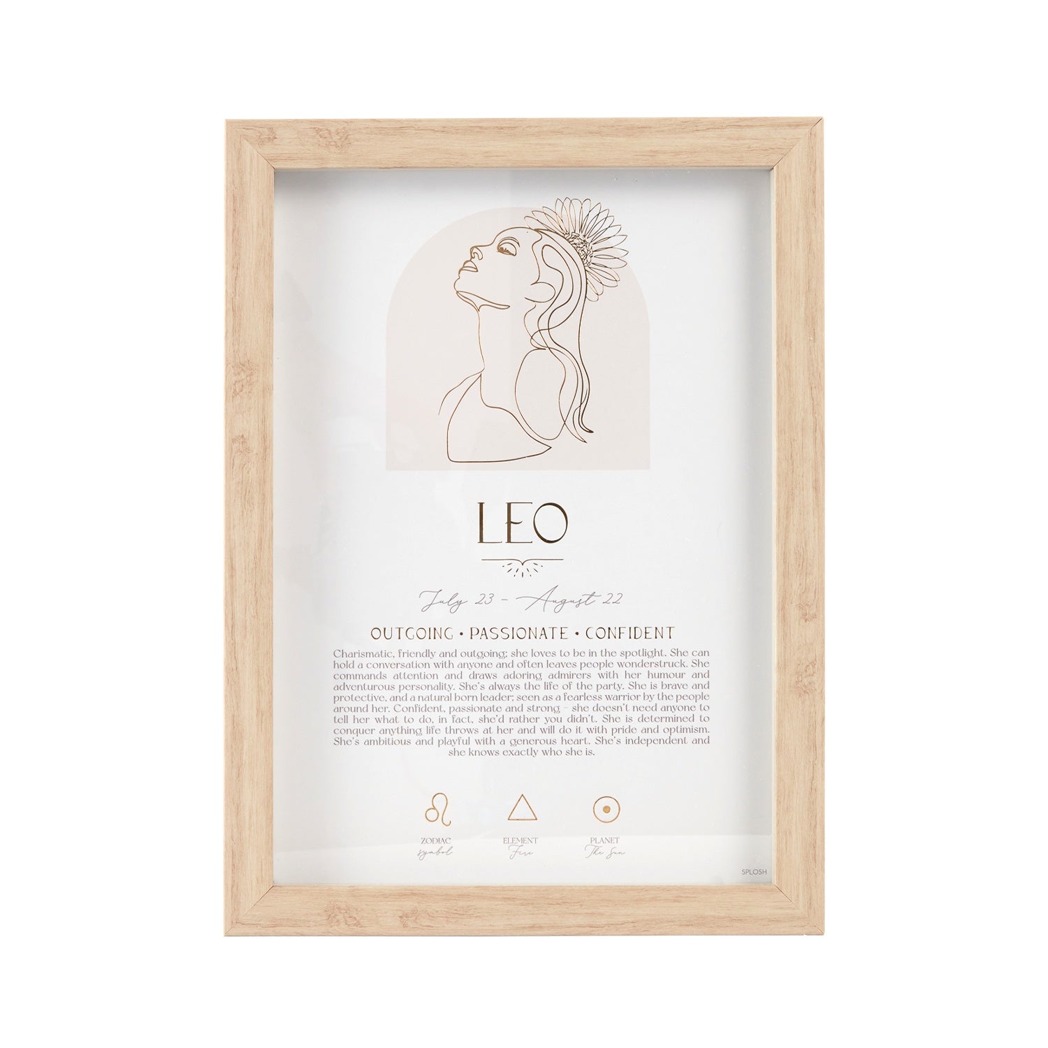 Mystique Framed Print - Leo with luxe gold foil details, featuring zodiac symbols, elements, and planets. Includes stand and hooks for hanging. Size: 20x2x33cm.