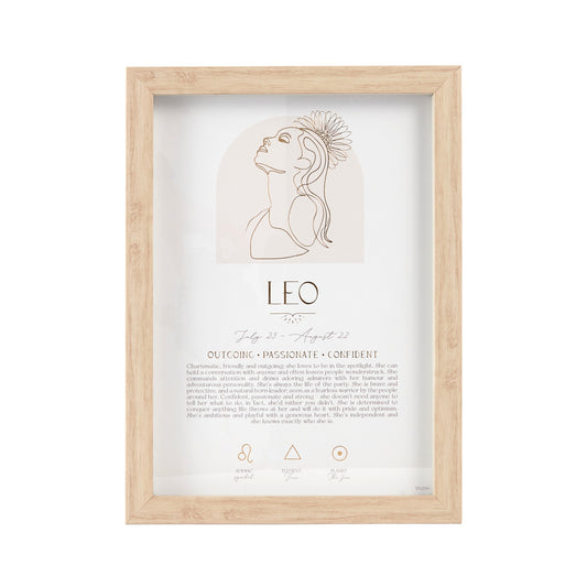 Mystique Framed Print - Leo with luxe gold foil details, featuring zodiac symbols, elements, and planets. Includes stand and hooks for hanging. Size: 20x2x33cm.