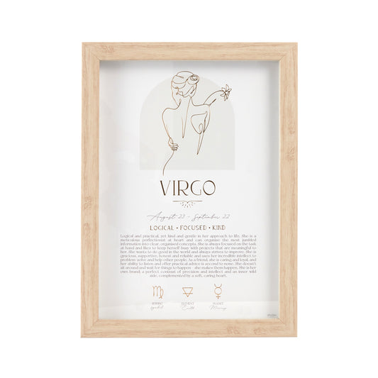 Mystique Framed Print - Virgo with luxe gold foil details, featuring zodiac symbols, elements, and planets. Includes stand and hooks for hanging. Size: 20x2x33cm.