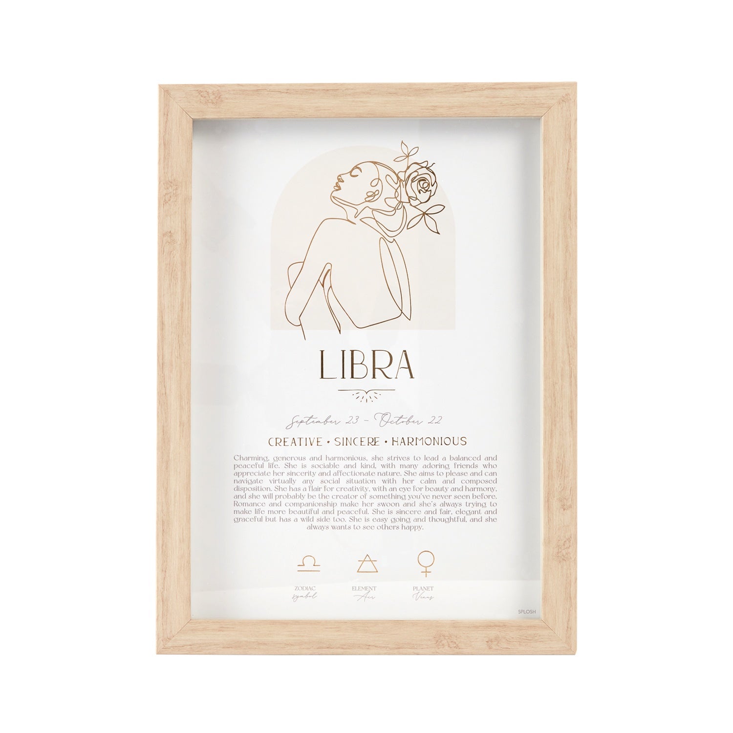 Mystique Framed Print - Libra with luxe gold foil details, featuring zodiac symbols, elements, and planets. Includes stand and hooks for hanging. Size: 20x2x33cm.