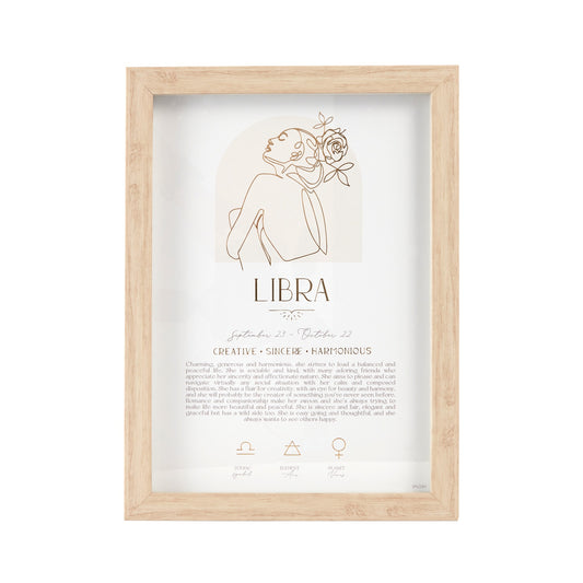 Mystique Framed Print - Libra with luxe gold foil details, featuring zodiac symbols, elements, and planets. Includes stand and hooks for hanging. Size: 20x2x33cm.