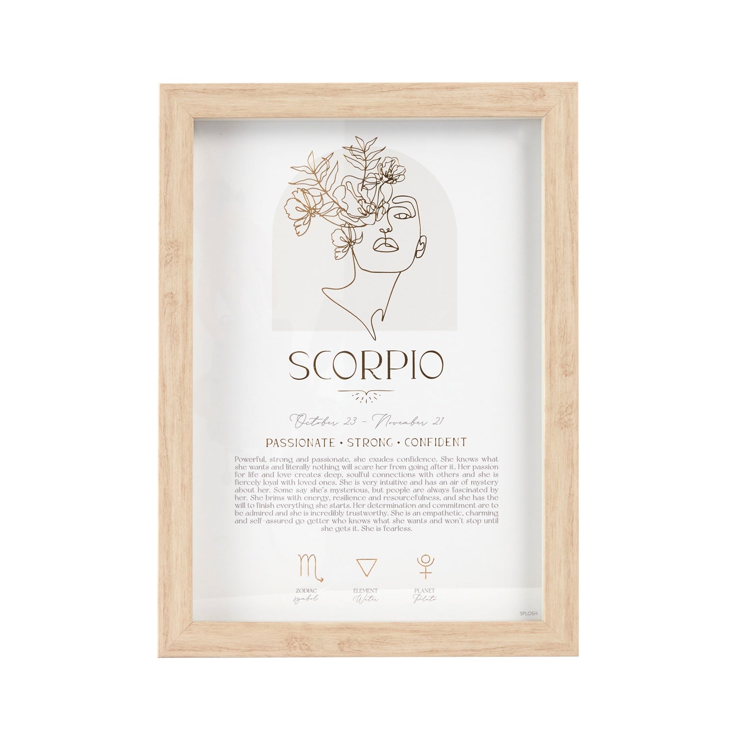 Mystique Framed Print - Scorpio with luxe gold foil details, featuring zodiac symbols, elements, and planets. Includes stand and hooks for hanging. Size: 20x2x33cm.