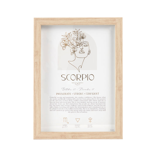 Mystique Framed Print - Scorpio with luxe gold foil details, featuring zodiac symbols, elements, and planets. Includes stand and hooks for hanging. Size: 20x2x33cm.