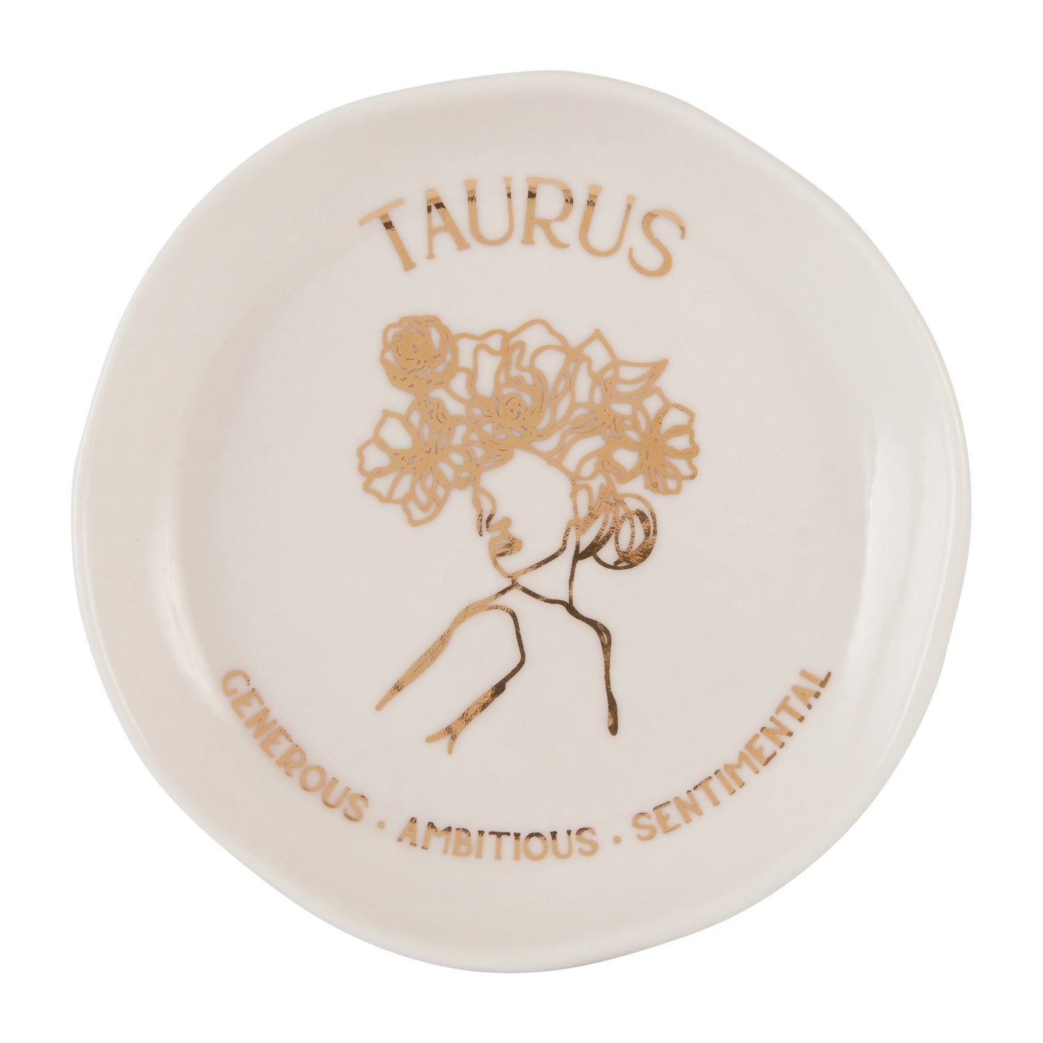 Mystique Trinket Dish - Gemini with luxe gold foil details, featuring whimsical zodiac illustrations. Made from quality ceramic with gloss finish. Size: 10x10x2cm. Generous, Ambitious, Sentimental